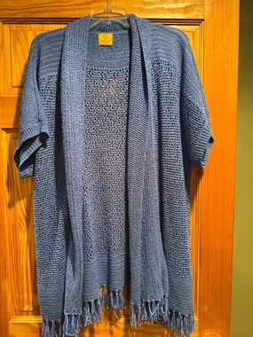 Ruby Rd Open-Knit Fringe Cardigan Sweater - Blue Size 2X